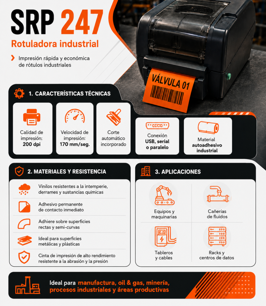 Infografía técnica de la rotuladora industrial SRP 247